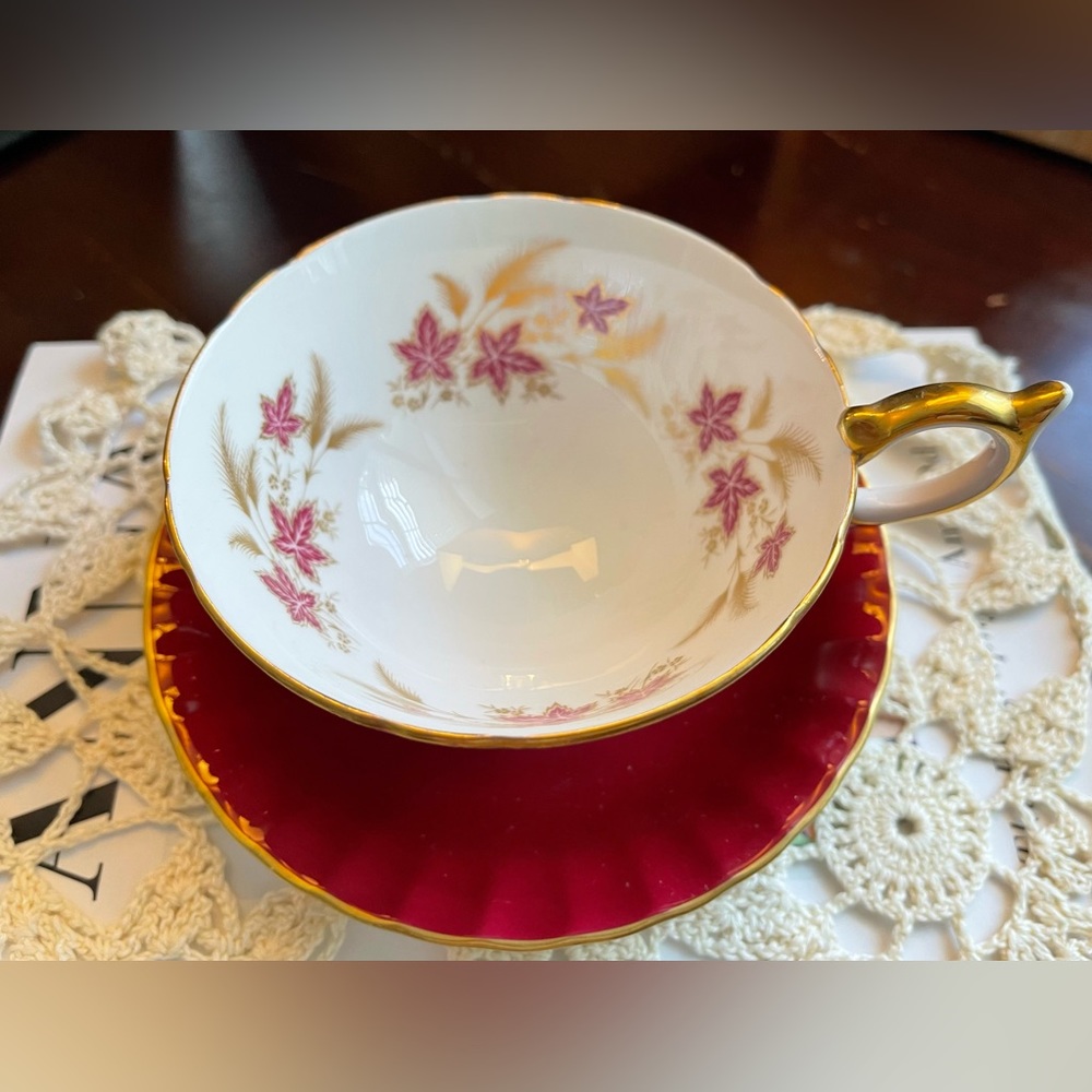 Aynsley Maroon/ Gold Demitasse Cup Saucer With Maple Leaf Design